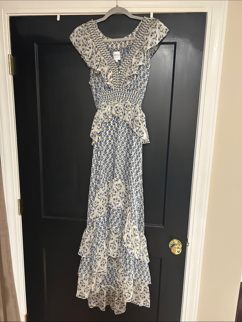 MISA Los Angeles Blue and White Floral Maxi High-Low Dress